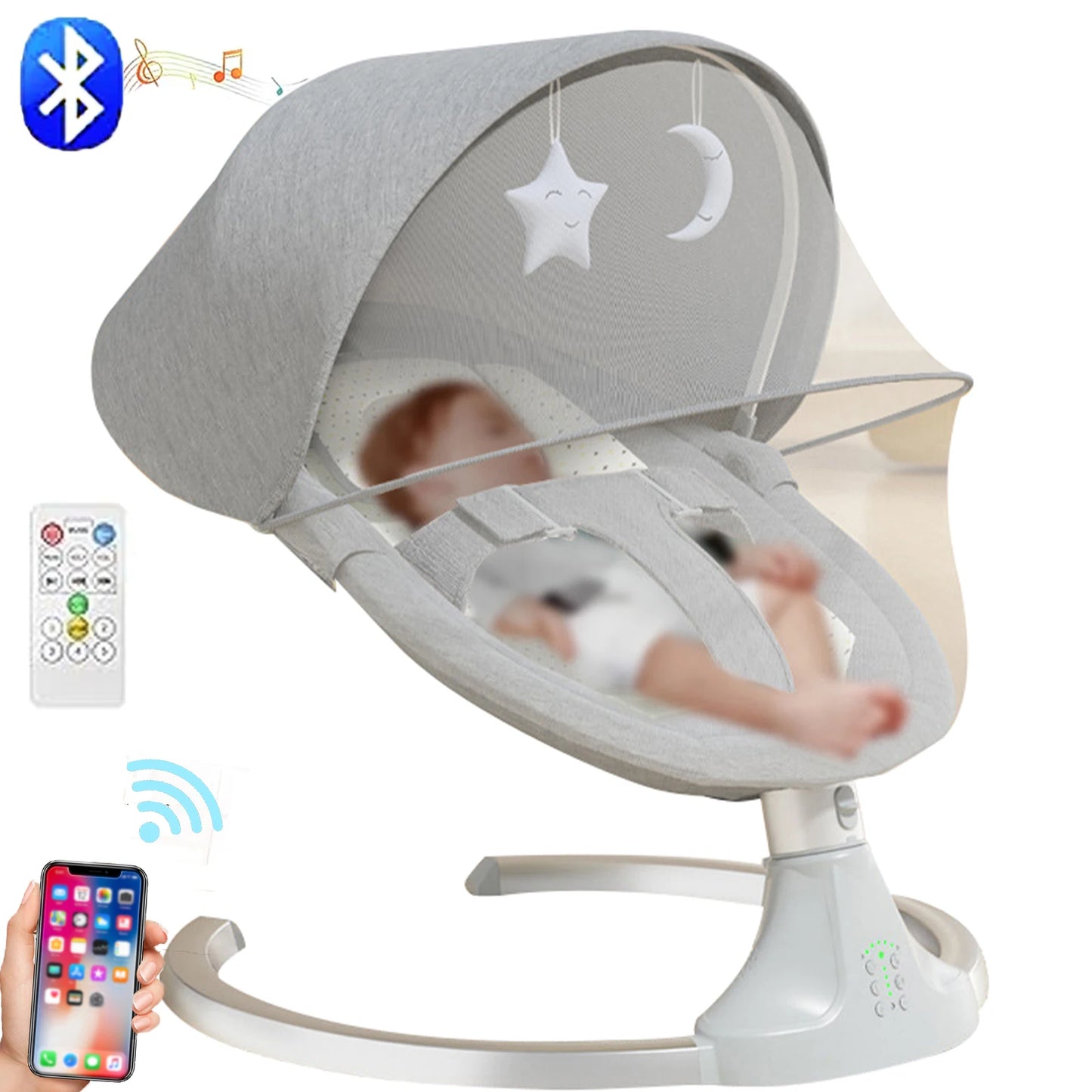 Schommelbedje - Elektrische Luxe Baby Schommelbedje - Babybedje - Wipstoel  - Elektrische Schommelstoel  - Babyschommel- Baby Swing - Kinderstoel - Automatisch Wiegstoel met Afstandsbediening en 5-Puntsgordel - Bluetooth - Grijs