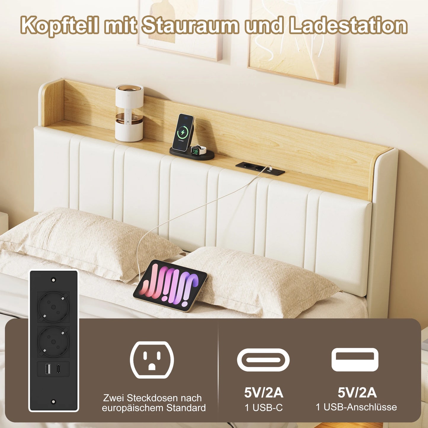 Bedframe 160x200 cm – Dubbel Bed – Ledikant – Slaapkamerset – Staanders Vrij – Met RGB LED Verlichting – Inclusief USB Oplaadstation