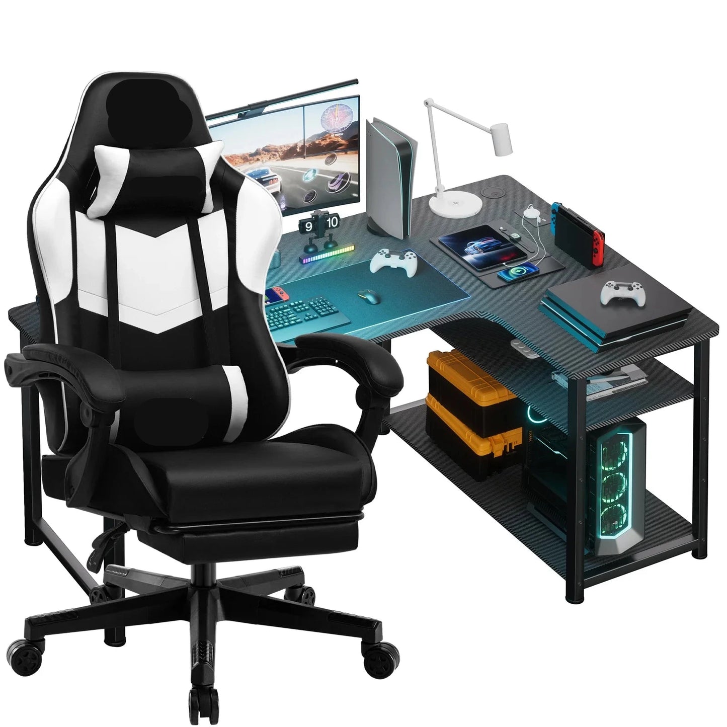 Gamebureau – Gaming Bureau – Gaming Desk – Computertafel – Game Tafel – Met Verstelbare Stoel – Krasbestendig Metalen Frame