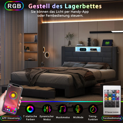 Bed – Tweepersoonsbed – Gestoffeerd Bed – Opbergbed – Bed met Lade – 140x200 cm – Fluwelen Bekleding – LED Verlichting en USB-poorten