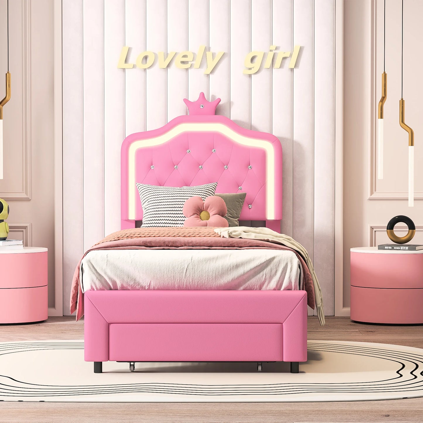 Kinderbed – Eenpersoonsbed – Twijfelaar – Meisjesbed – Jongerenbed – Verstelbaar Hoofdeinde – Ledverlichting – Opbergladen – 90x200 cm – Wit – PU Kunstleer – Stevig MDF