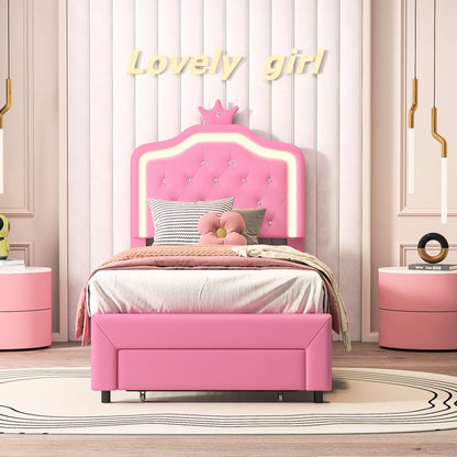 Kinderbed – Eenpersoonsbed – Meisjesbed – Prinsessenbed – Jongerenbed – 90x200 cm – Verstelbaar Kunstleer Hoofdbord – Ingebouwde Lichtstrip