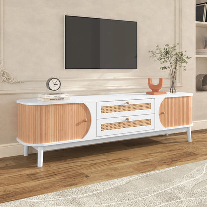 TV-kast – Tv-meubel – Tv-dressoir – Mediameubel – Tv-ombouw – Beige – Massief Hout Met Handgevlochten Rattan – Ruime Opbergruimte Met Schuifdeuren