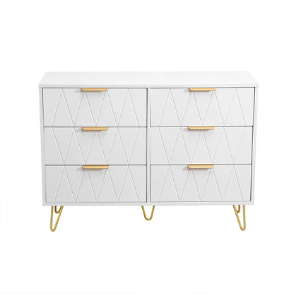 Anajqaqia 100x34x72.5cm Chest of Drawers with 6 Drawers, Storage Cabinet with Gold Handle and Anti-Tilt Metal Base, Wood, White