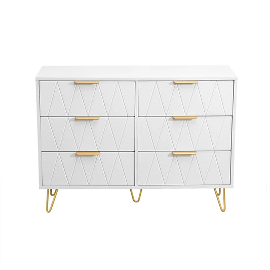 Anajqaqia 100x34x72.5cm Chest of Drawers with 6 Drawers, Storage Cabinet with Gold Handle and Anti-Tilt Metal Base, Wood, White