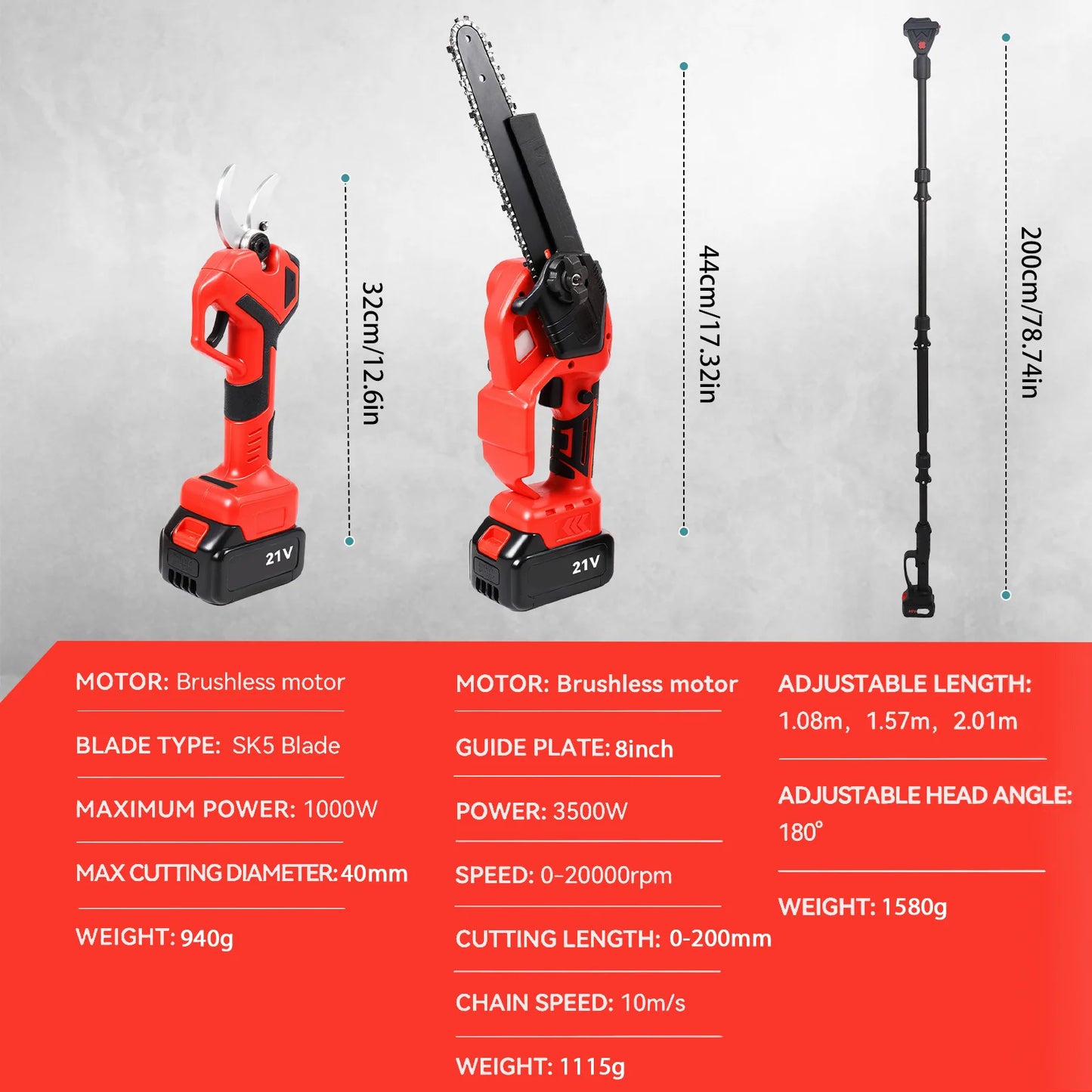 Elektrische Kettingzaag – Snoeischaar – Tuingereedschap – Snoeiset – 3500W Vermogen – 8 Inch Zaagblad – Digitale Display
