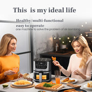 Digital Airfryer - PFAS free - Large 7 Liter - Hot air fryer - Black - Digital screen - Including height-adjustable Grill rack - with Touch Control - non-Basket &amp; Visible windows - Family size
