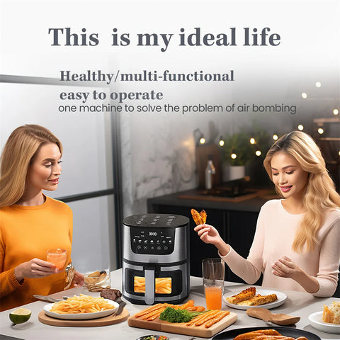 Digital Airfryer - PFAS free - Large 7 Liter - Hot air fryer - Black - Digital screen - Including height-adjustable Grill rack - with Touch Control - non-Basket &amp; Visible windows - Family size