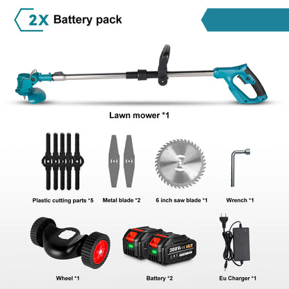 Elektrische Grastrimmer - Grasmaaier - Onkruidborstel - Grastrimmer - 1500W - Draadloze Maaier - 12000RPM - met Wielen - Tuingereedschap - 2 Accu