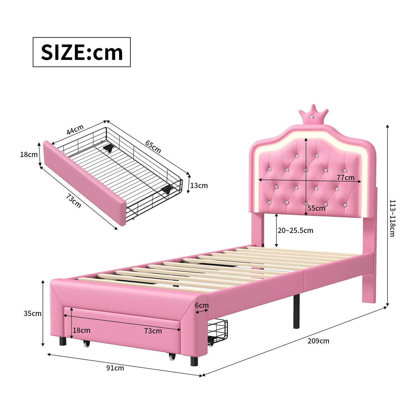 Kinderbed – Eenpersoonsbed – Meisjesbed – Prinsessenbed – Jongerenbed – 90x200 cm – Verstelbaar Kunstleer Hoofdbord – Ingebouwde Lichtstrip