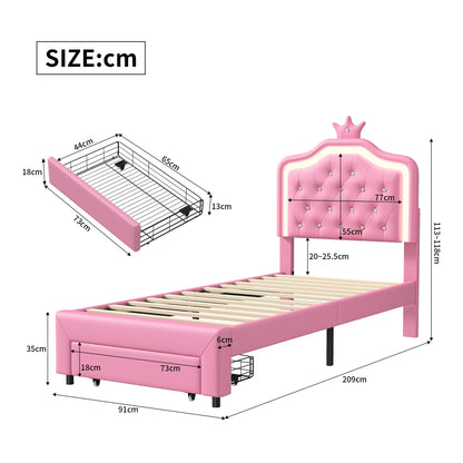 Kinderbed – Eenpersoonsbed – Meisjesbed – Prinsessenbed – Jongerenbed – 90x200 cm – Verstelbaar Kunstleer Hoofdbord – Ingebouwde Lichtstrip