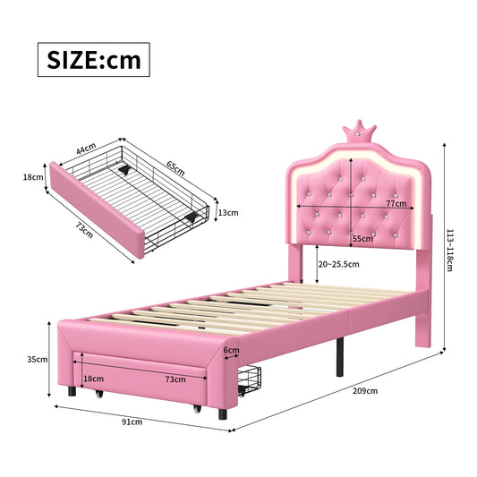 Kinderbed – Eenpersoonsbed – Meisjesbed – Prinsessenbed – Jongerenbed – 90x200 cm – Verstelbaar Kunstleer Hoofdbord – Ingebouwde Lichtstrip