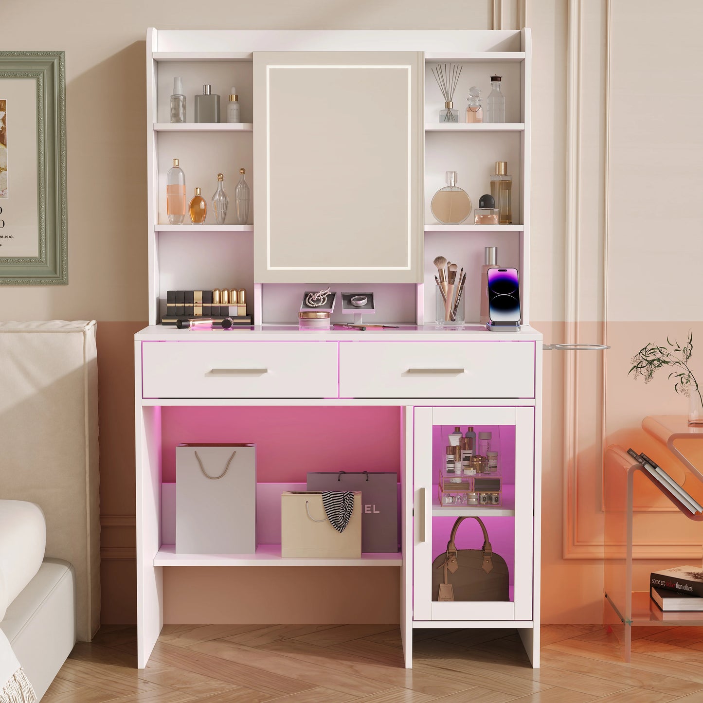 Make-up Tafel – Kaptafel – Schminktisch – Make-up Bureau – Verstelbare LED Verlichting – Wit Glasblad Met Laden – Hoekopstelling
