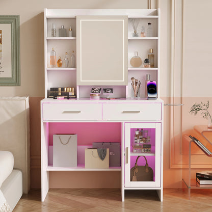 Make-up Tafel – Kaptafel – Schminktisch – Make-up Bureau – Verstelbare LED Verlichting – Wit Glasblad Met Laden – Hoekopstelling