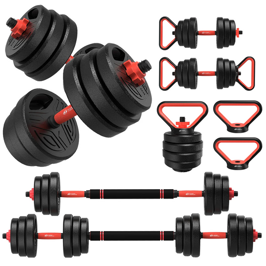 Dumbells - Halterset - 3-in-1 - Verstelbare – 20KG - Halterstang Met Gewichten – Voor Krachttraining - en Fitness - Duurzame Gewichtsplaten - Zwart-Rood - QUORE