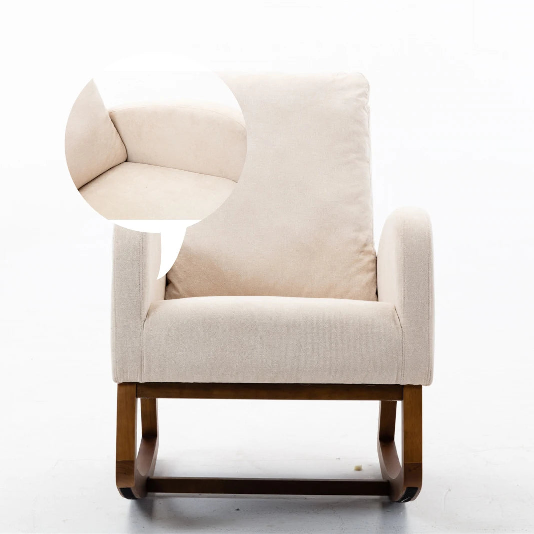 Schommelstoel – Schommelstoel Met Kussen – Relaxstoel – Houten Stoel – Ergonomisch Ontwerp – Hoog Rugleuning – Linnen Kussen - 68.98 x 94 x 100.84 cm - Beige