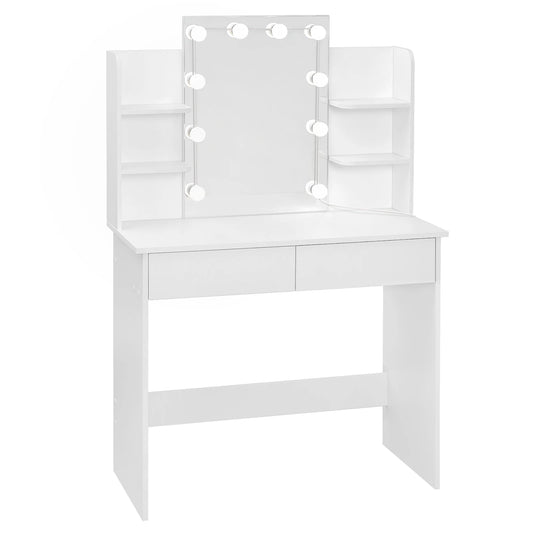 Dressing Table - Make-up Table - Dressing Table with Mirror and Lighting - LED Mirror - 2 Drawers - 4 Storage Shelves - Adjustable Lighting - 90x40x135 cm - 75 kg - White