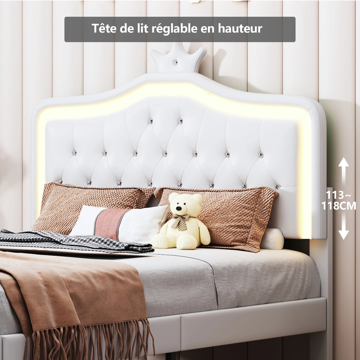Kinderbed – Peuterbed – Eenpersoonsbed – Meisjesbed – Prinsessenbed – 140x200 cm – Met Kroonvormige Hoofdsteun – Inclusief Opberglades - QUORE