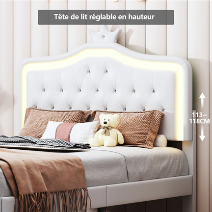 Kinderbed – Peuterbed – Eenpersoonsbed – Meisjesbed – Prinsessenbed – 140x200 cm – Met Kroonvormige Hoofdsteun – Inclusief Opberglades - QUORE