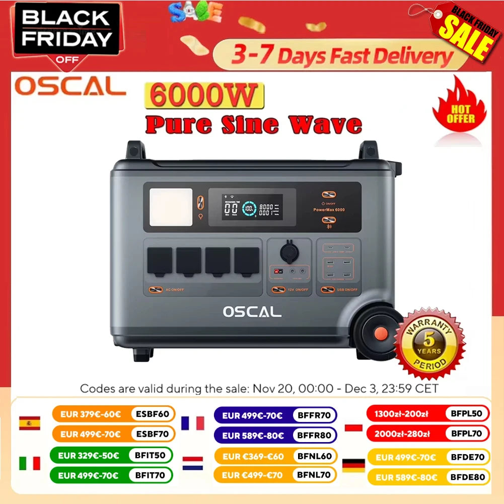 Powerstation – Mobiele Energievoorziening – Draagbare Accu – Noodstroomvoorziening – Zonne-energie Generator – 6000W Continu Vermogen – 3600Wh Lifepo4 Accu