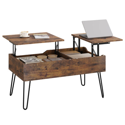 Verstelbare Salontafel met Dubbele Liftfunctie – Rustiek Bruin – Verborgen Opbergruimte – Metalen V-poten