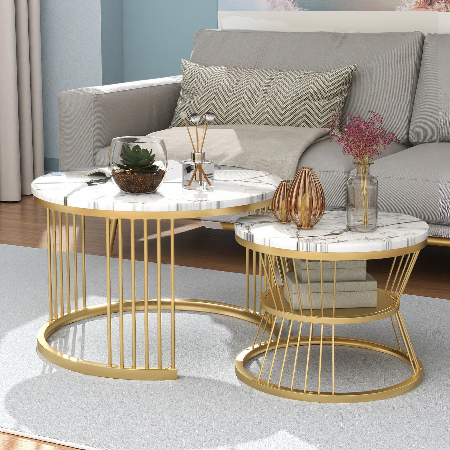 Nesting Salontafel – Salontafel Set – Bijzettafel – Ronde Tafel – Sofa Tafel – Zwart – Marmerfineer – Goud Metalen Frame