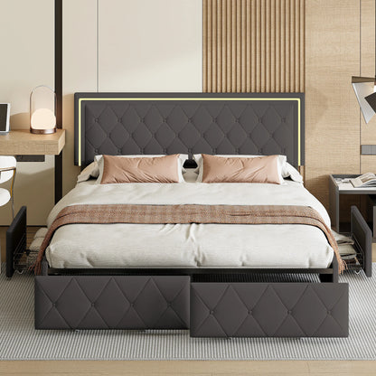 Modern Kunstleren Bed – Bedframe – Tweepersoonsbed – Opbergbed – Led Bed – Grijs 160x200 cm – 4 Opberglades Met Wieltjes – Ingebouwde LED-Verlichting - QUORE