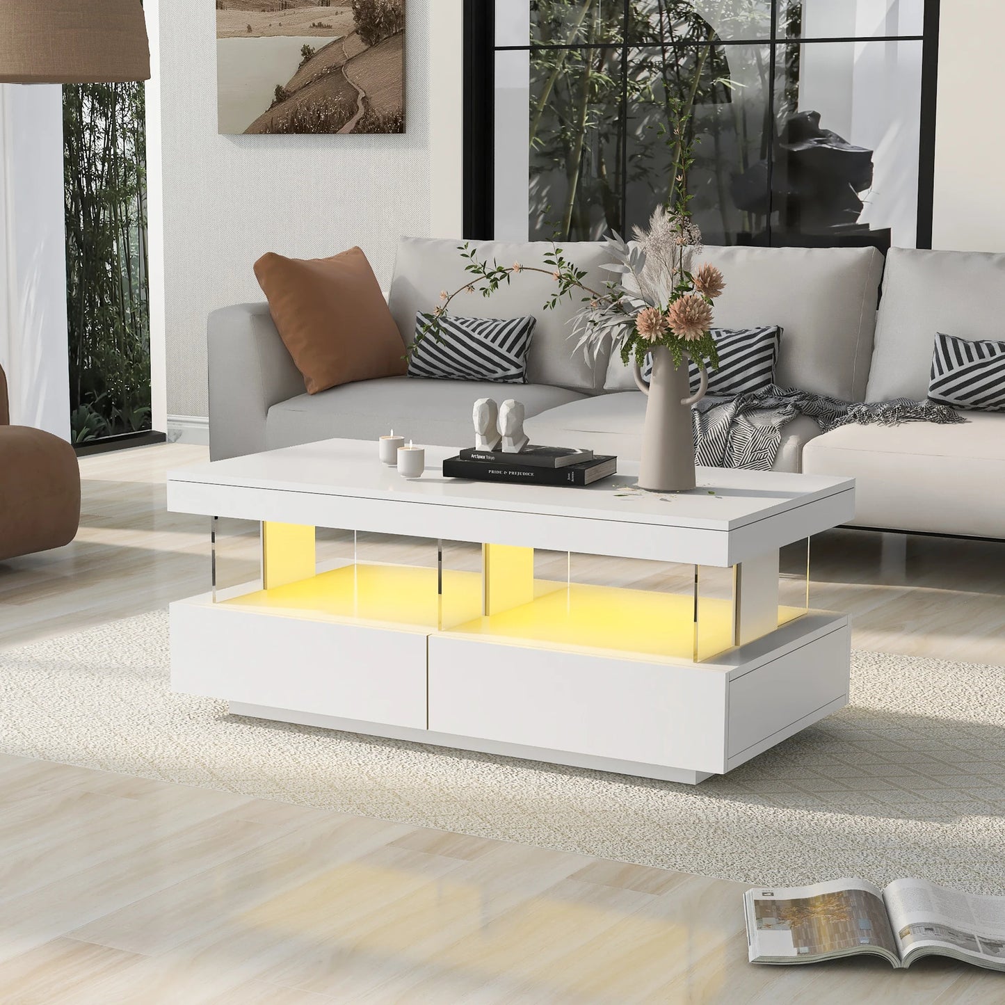 Salontafel – Bijzettafel – Koffietafel – Lage Tafel – Woonkamertafel – Hoogglans Wit – LED-Verlichting – USB-Aansluiting - 100 x 60 x 49.5 cm