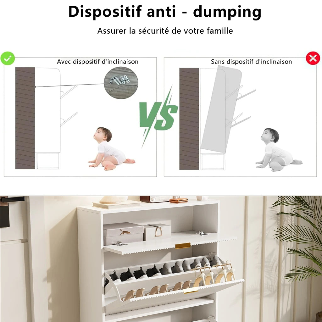 Shoes Furniture 80x24x118,5 cm, shoes shoe cabinet with Faction Drawers, anti-Tover, Metal Feeds, White