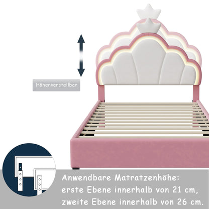 Modern Gestoffeerd Bed – Gestoffeerd Bedframe – Fluwelen Bed – Velours Bed – Slaapbed – 140x200 CM – Bloemvormig Hoofdeinde Met Kroon – Verstelbare Led-Verlichting