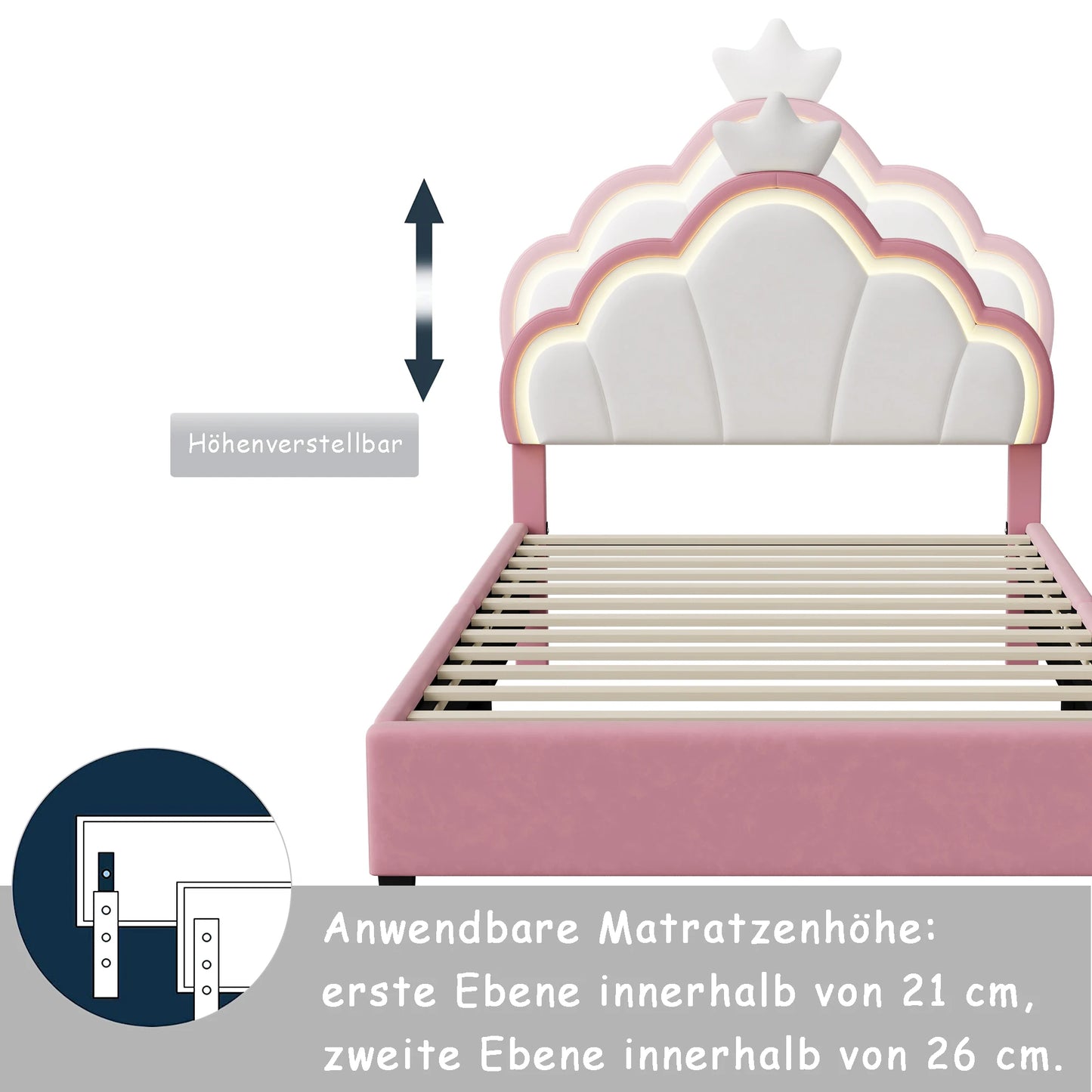 Modern Gestoffeerd Bed – Eenpersoonsbed – Led Bed – Sfeervol Bed – Gestoffeerd Slaapbed – 90x200 cm – LED-Verlicht Hoofdbord – Kroonmotief Design