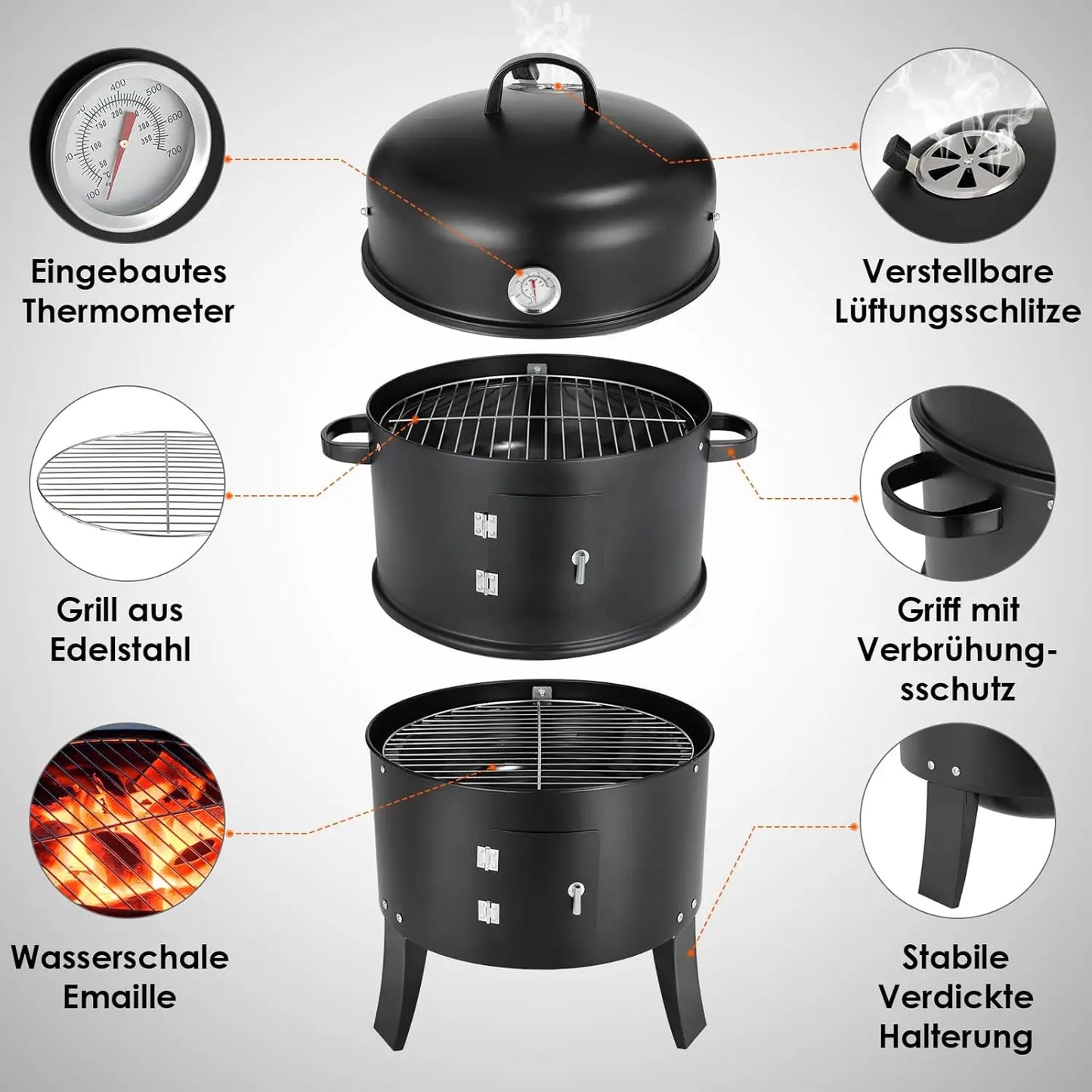3-in-1 - Houtskoolgrill - BBQ-rokergrill -  Draagbare Verticale Grillkoker - met Ingebouwde Thermometers - Verstelbare Ventilatiesystemen - Klassieke Stijl - voor Buitenkoken - BBQ - 44.5 x 80 cm - Zwart