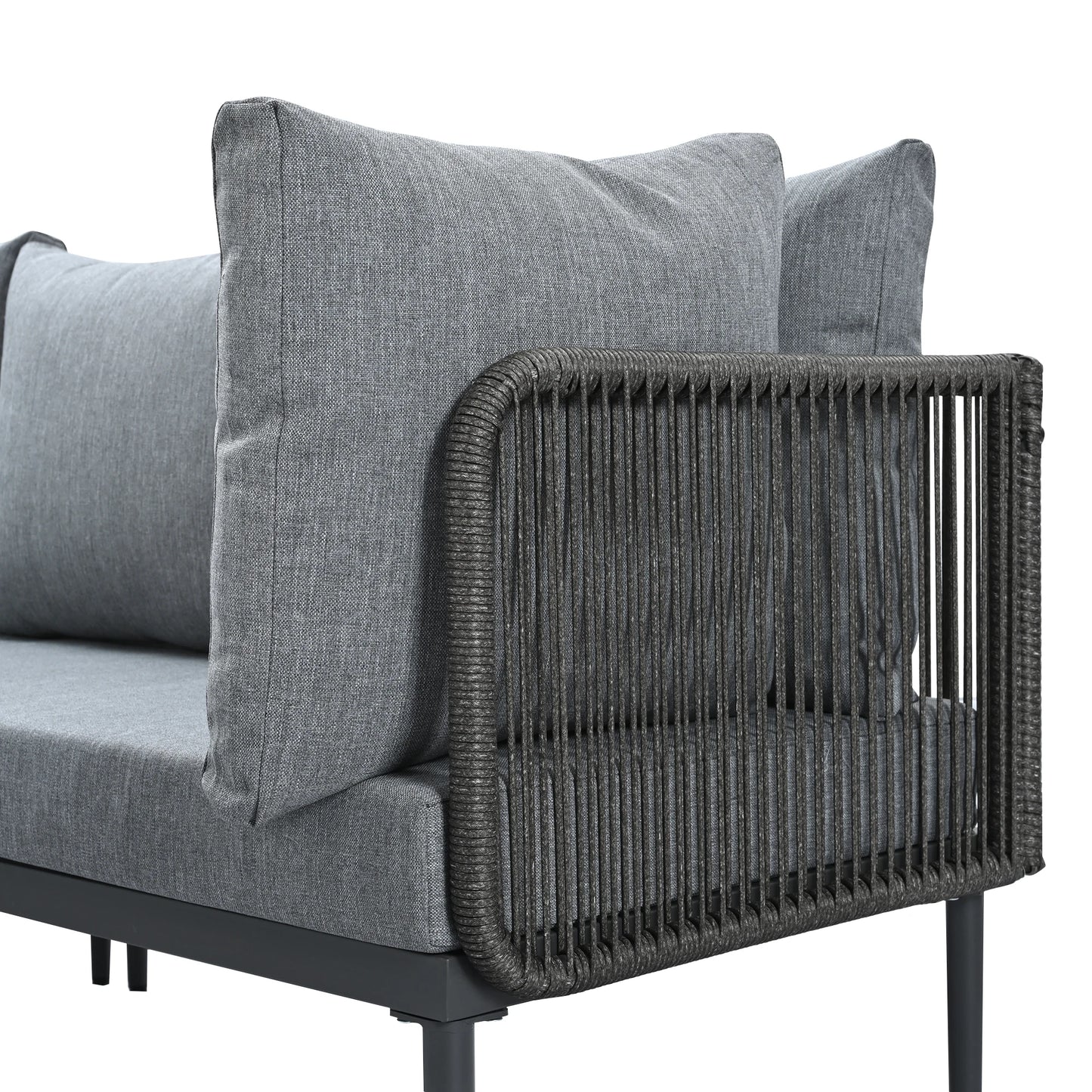 Tuinset – Hoekbank Tuinmeubel – Buitenmeubel – Terrasset – Verzonken Stalen Frame – Kunststof-Houten Tafelblad – Handgeweven Touwen
