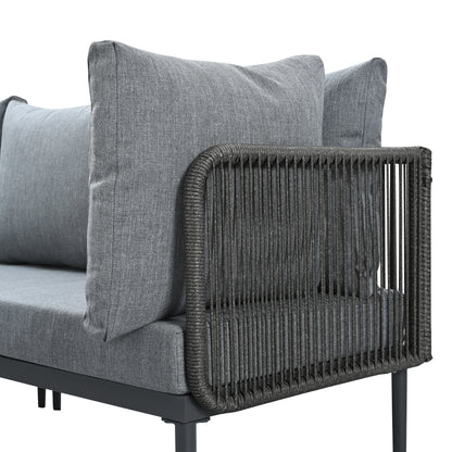 Tuinset – Hoekbank Tuinmeubel – Buitenmeubel – Terrasset – Verzonken Stalen Frame – Kunststof-Houten Tafelblad – Handgeweven Touwen