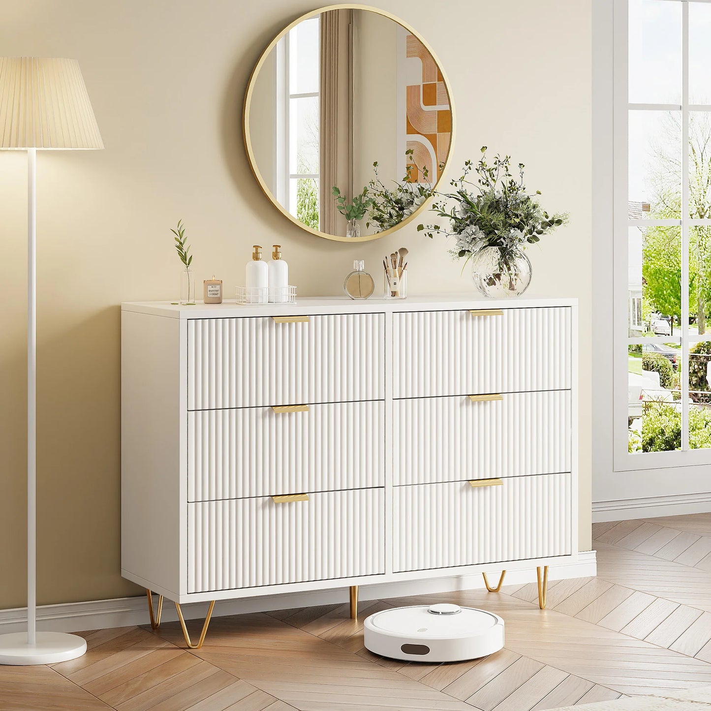 Ladenkast – Dressoir – Opbergkast – Kast – Commode – Wit – 6 Lades – Duurzaam Hout – Met Goudkleurige Handgrepen