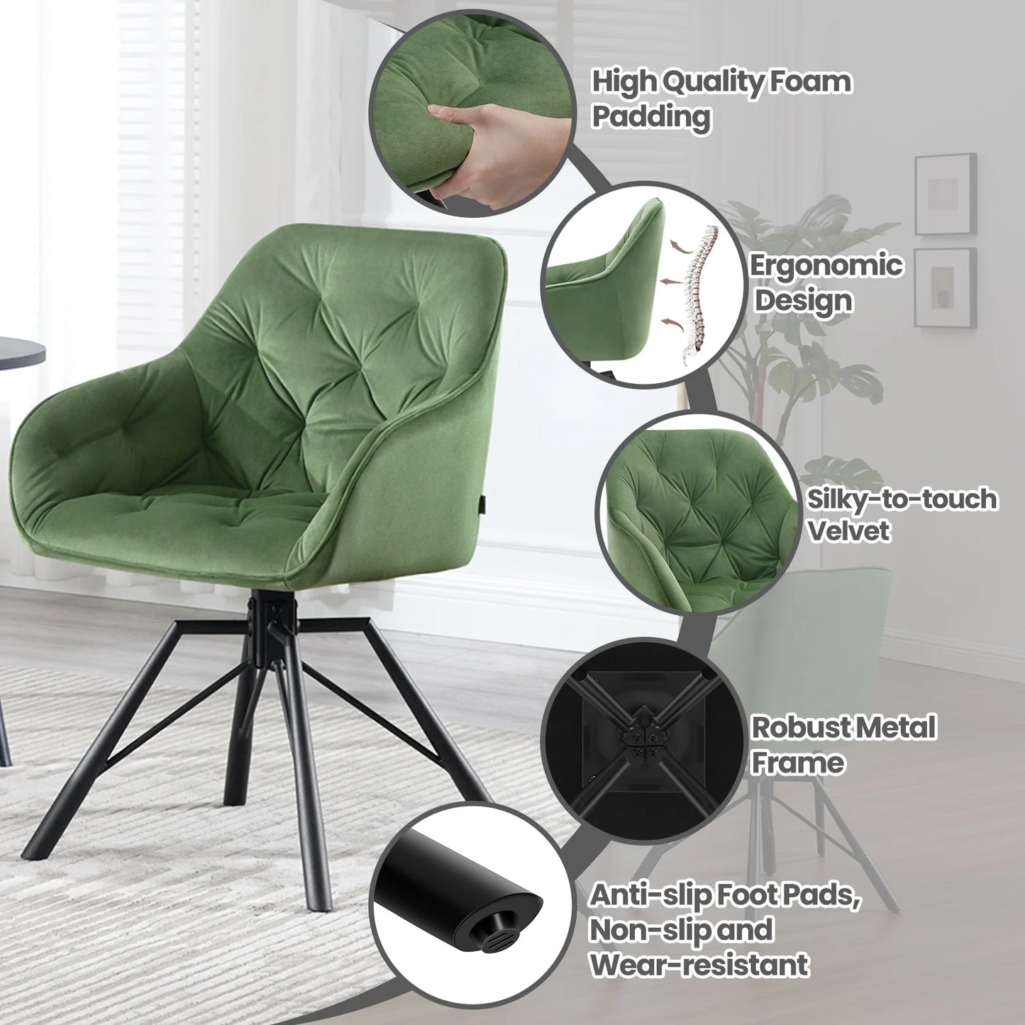 Draaibare Eetkamerstoelen – Set van 2 - Eetstoel – Bureaustoel – Leesstoel – Comfortstoel – Ergonomisch Design – 360° Draaibaar - Fluweel - Donkergroen
