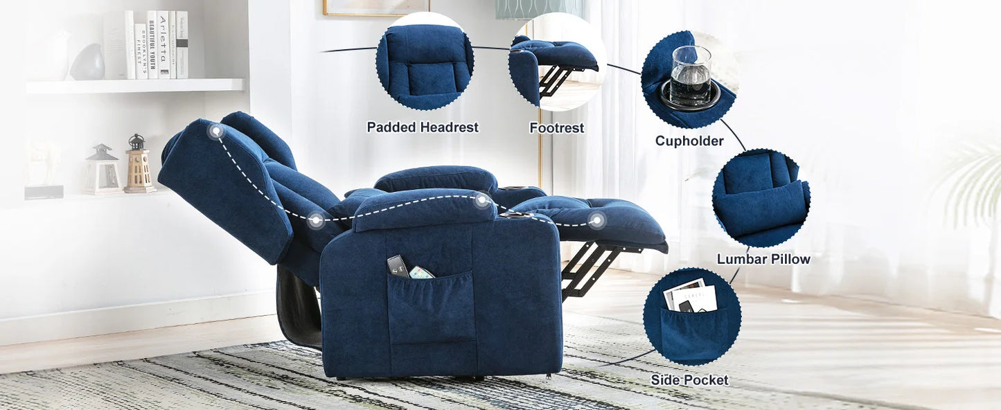 Elektrische Relaxfauteuil – Relaxstoel – Liftsysteem – Massagefauteuil – Verstelbare Rugleuning – Warmtefunctie – Draaglast 150 Kg - 75 x 83 x 100 cm - Blauw - QUORE
