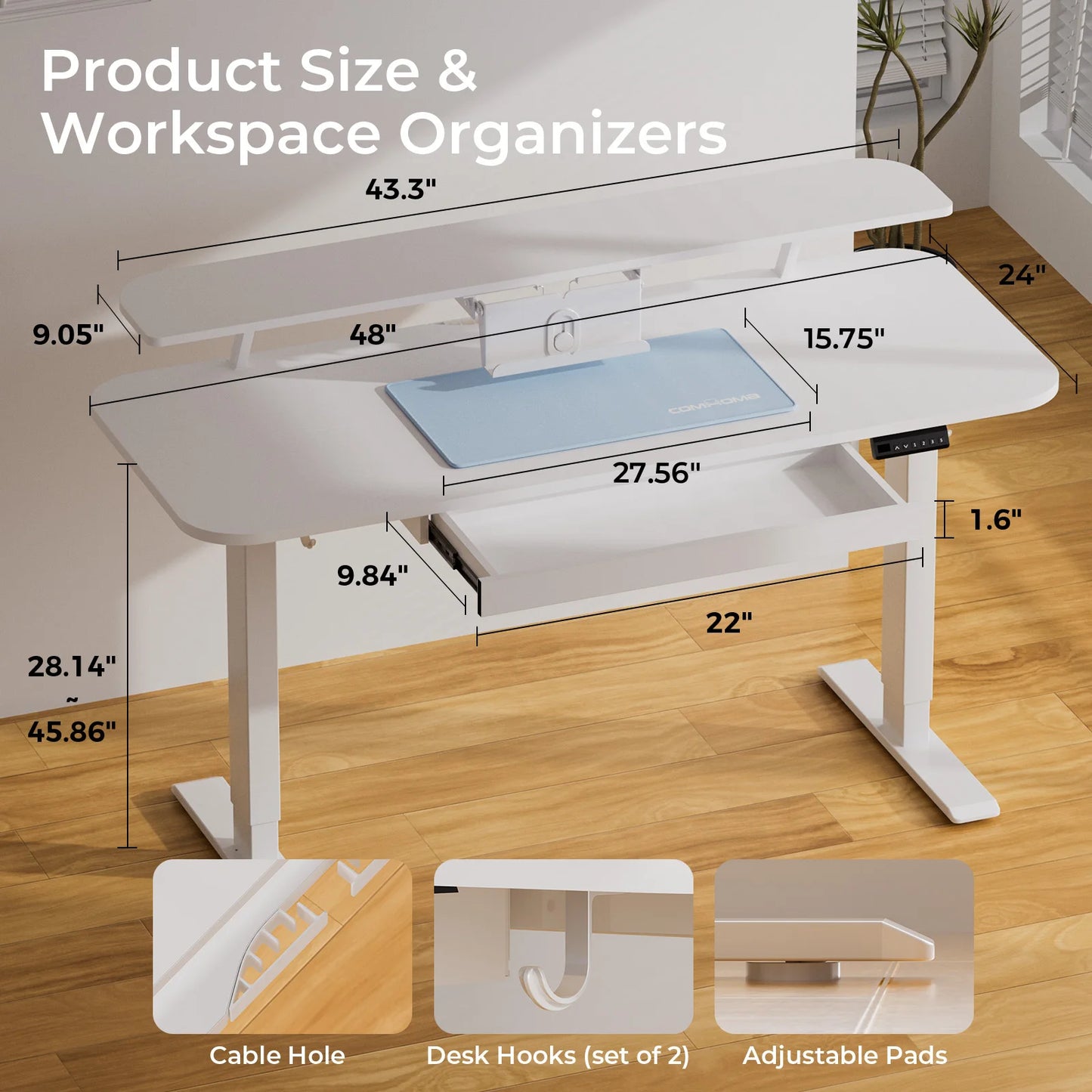 Zit-Sta Bureau - Bureau - Computerbureau - Kantoor Tafel - Werktafel - Verstelbaar - Elektrisch - 120x60cm - Monitorstandaard - Geheugenfunctie - Lade en Tabletstandaard - Ergonomisch - Wit - QUORE