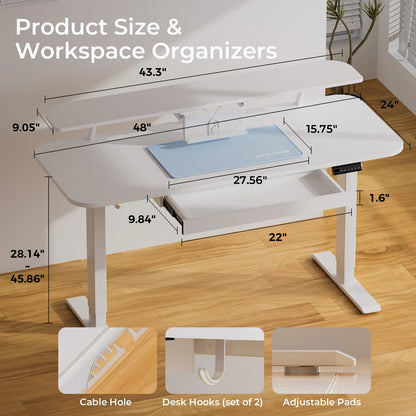 Zit-Sta Bureau - Bureau - Computerbureau - Kantoor Tafel - Werktafel - Verstelbaar - Elektrisch - 120x60cm - Monitorstandaard - Geheugenfunctie - Lade en Tabletstandaard - Ergonomisch - Wit - QUORE