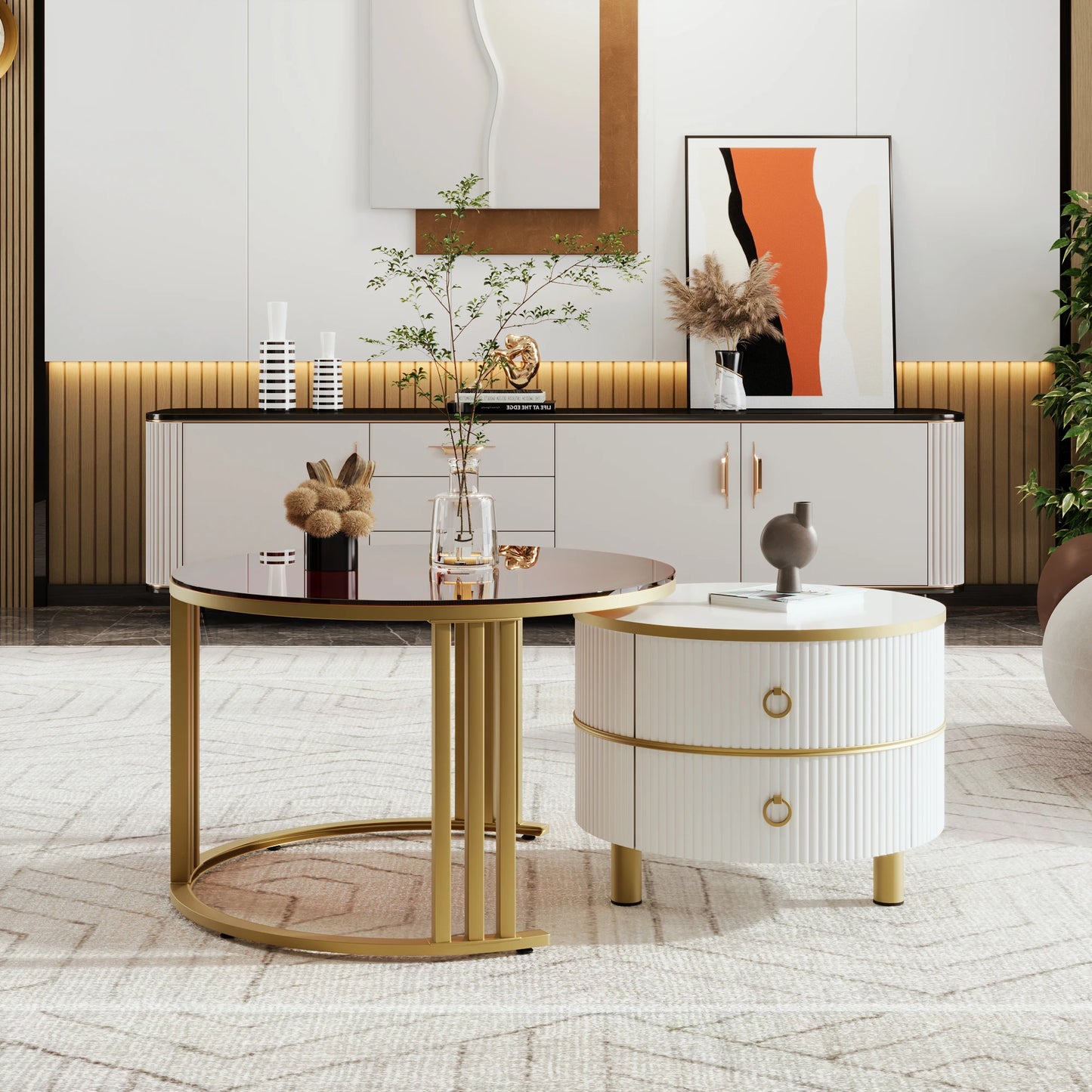Salontafel – Bijzettafel – Woonkamertafel – 2-in-1 Tafel – MDF En Dennenhout – Glazen Blad – Opberglade - Wit
