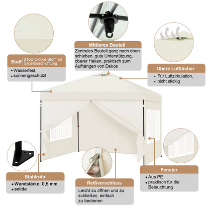 Paviljoen - Tuinpaviljoen - Partytent - Tuintent - Pop-up Kliksysteem - Stabiel - Vouwtent - Opvouwbaar - Waterdicht - Winterbestendig - 50+UV-Bescherming - voor Tuin - Buiten - Achtertuin - 210D Oxford - 3 x 3 m - Beige