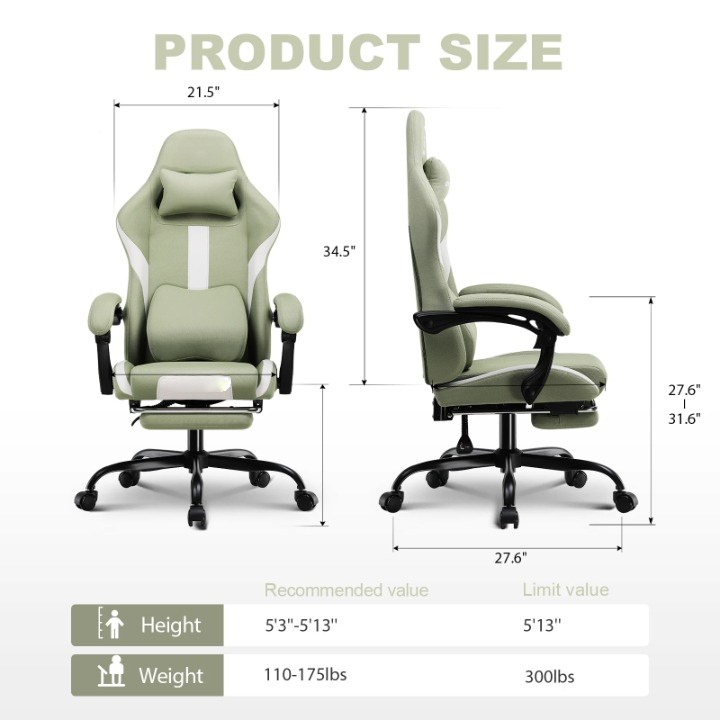Gaming Stoel - Bureaustoel - Swivel Stoel - met Voetsteun - Hoofdsteun - Verstelbare - Rugleuning - Lendenkussen - Ergonomische - Draaibare -  Hoogwaardige stof - 55 x 55 x 130 cm - Groen