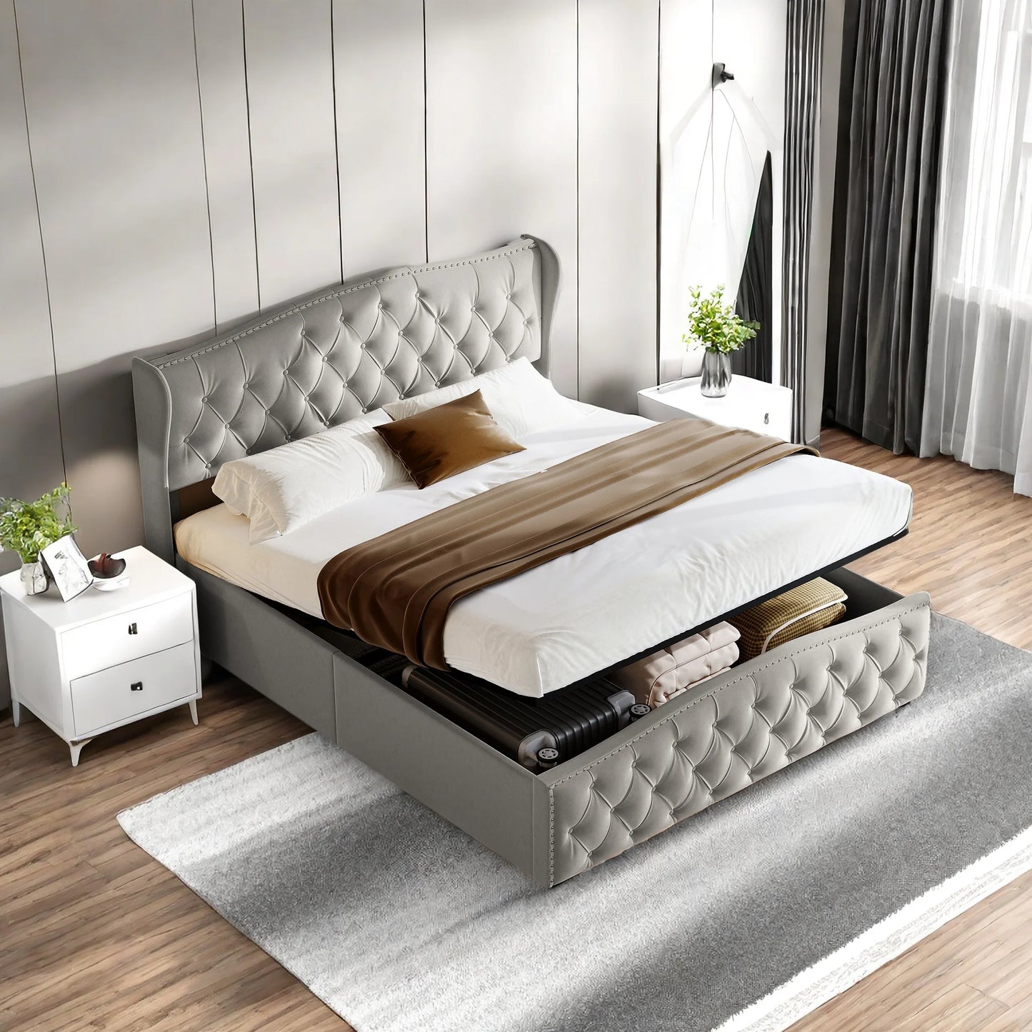 Modern Gestoffeerd Bed – Tweepersoonsbed – Slaapbank – Lit – Bedframe – Grijs Flanel 160x200 cm – Hydraulische Opbergruimte – Stevige Constructie