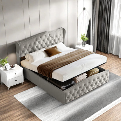 Modern Gestoffeerd Bed – Tweepersoonsbed – Slaapbank – Lit – Bedframe – Grijs Flanel 160x200 cm – Hydraulische Opbergruimte – Stevige Constructie