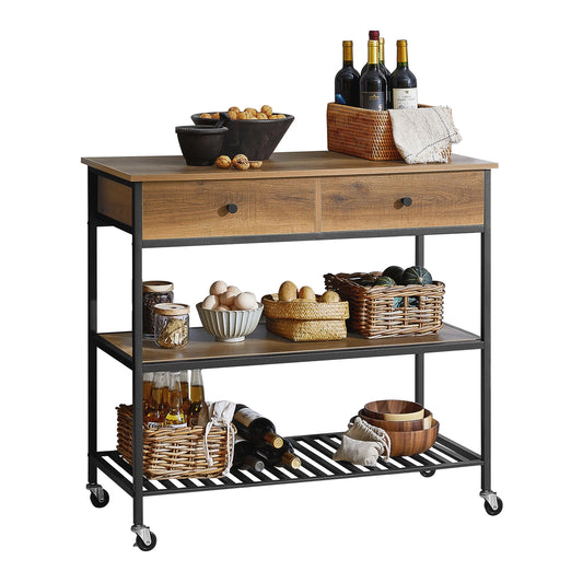 Keukentrolley – Serveerwagen – Opbergwagen – Keukenwagen – Halmeubel – Bruin – Industrieel Design – Ruime Opbergruimte Met 2 Laden & 2 Planken