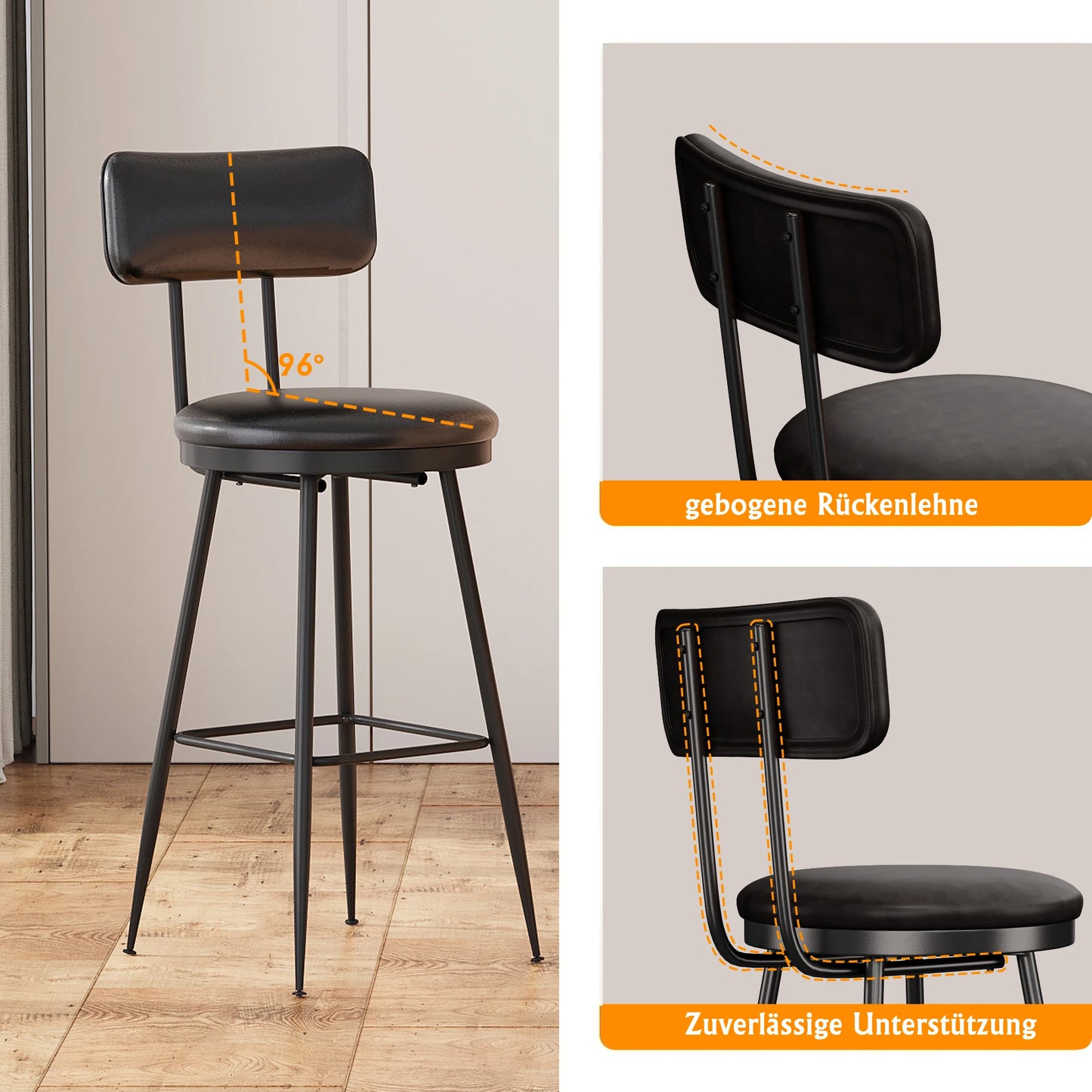Barkrukken – Barstoelen – Hoge Stoelen – Keukenstoelen – Eetkamerstoelen – Zwart – PU Kunstleer – Stevig Metalen Frame – Set van 4