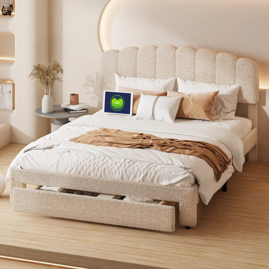 2-Persoonsbed – Tweepersoonsbed – Bedframe – Slaapbed – Jeugdbed – 140x200 cm – Verstelbaar Teddy Hoofdbord – Opberglade met USB Oplaadstation