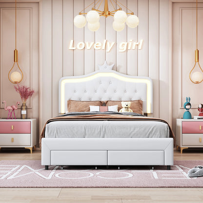 Bedframe – Bed – Kinderbed – Tienerbed – Eenpersoonsbed – 140x200 cm – LED-verlichting Hoofdbord – Opberglade Onderbed - QUORE