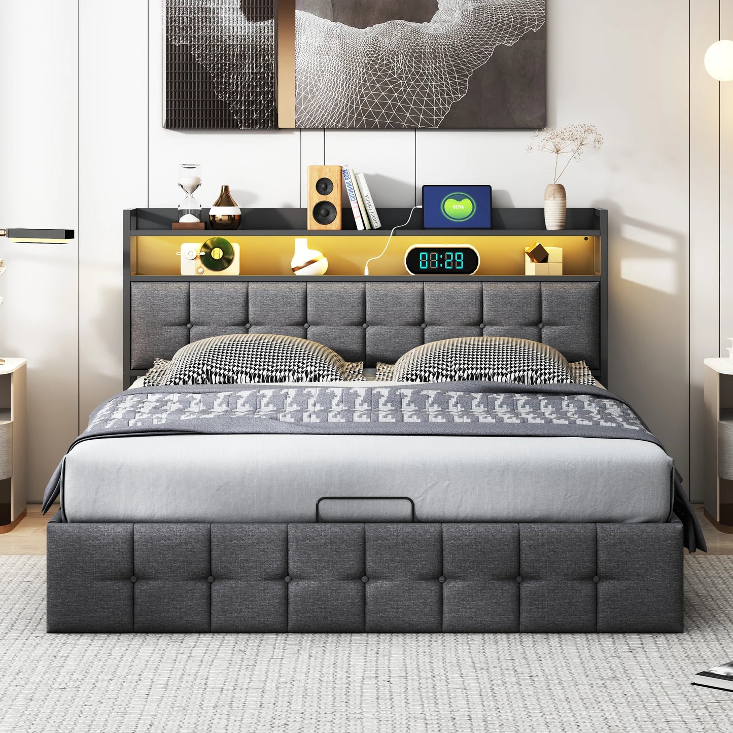 Bed Met Opbergruimte – Linnen Bed – Slaapbed – Opbergbed – Gasdrukveer Bed – 140x200 cm – Antracietgrijs Linnen Hoofdbord – Stevige Hout-Metaal Constructie