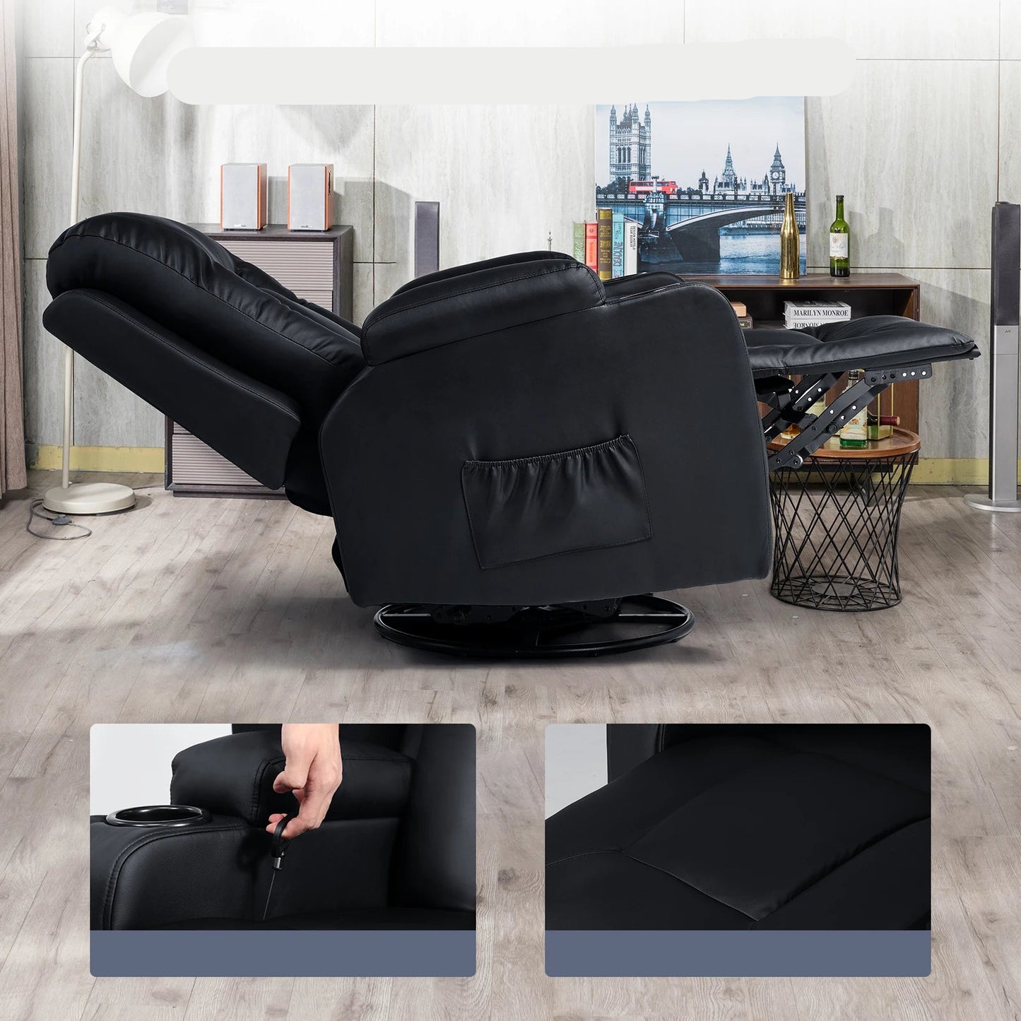 Relaxfauteuil met Ligfunctie - Fauteuil - Relaxstoel - Massagestoel - 360° Draaibaar – Relaxzetel - Dikke Rugleuning & Armleuningen – Zwart - QUORE
